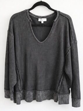 Pink Rose Waffle Knit Top Slouchy V Neck Oversized Dark Gray Cozy Small